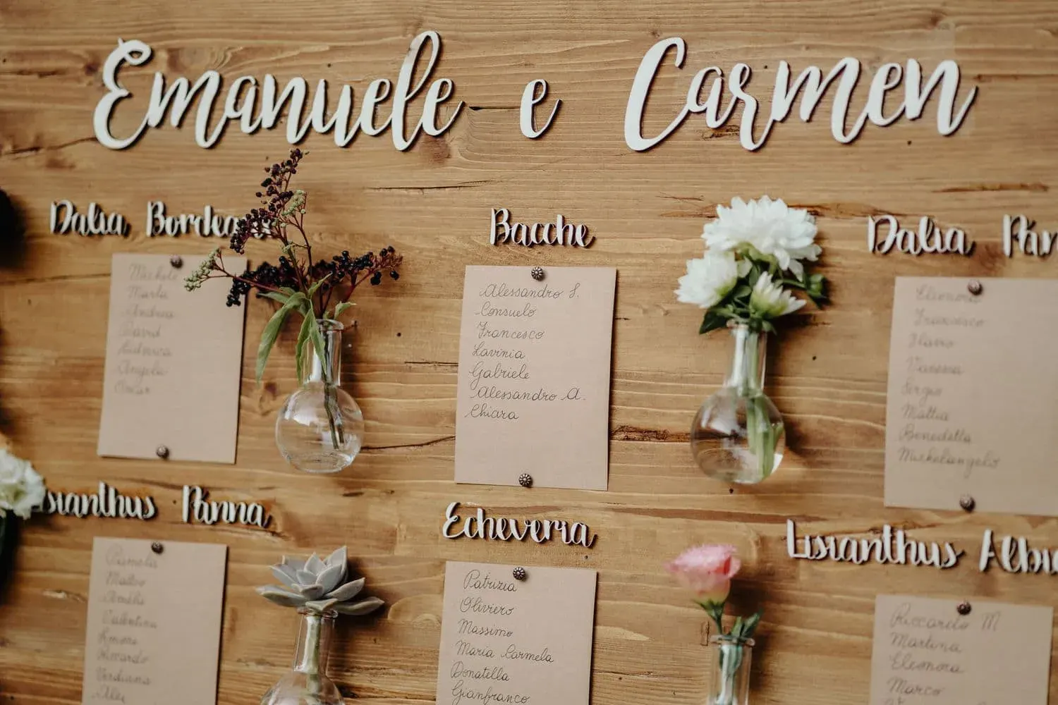 Il tableau de mariage in legno con i nomi degli sposi