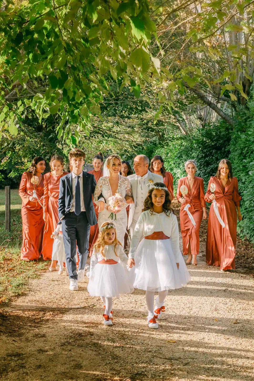 The wedding procession along the woodland path at Parco dei Cimini
