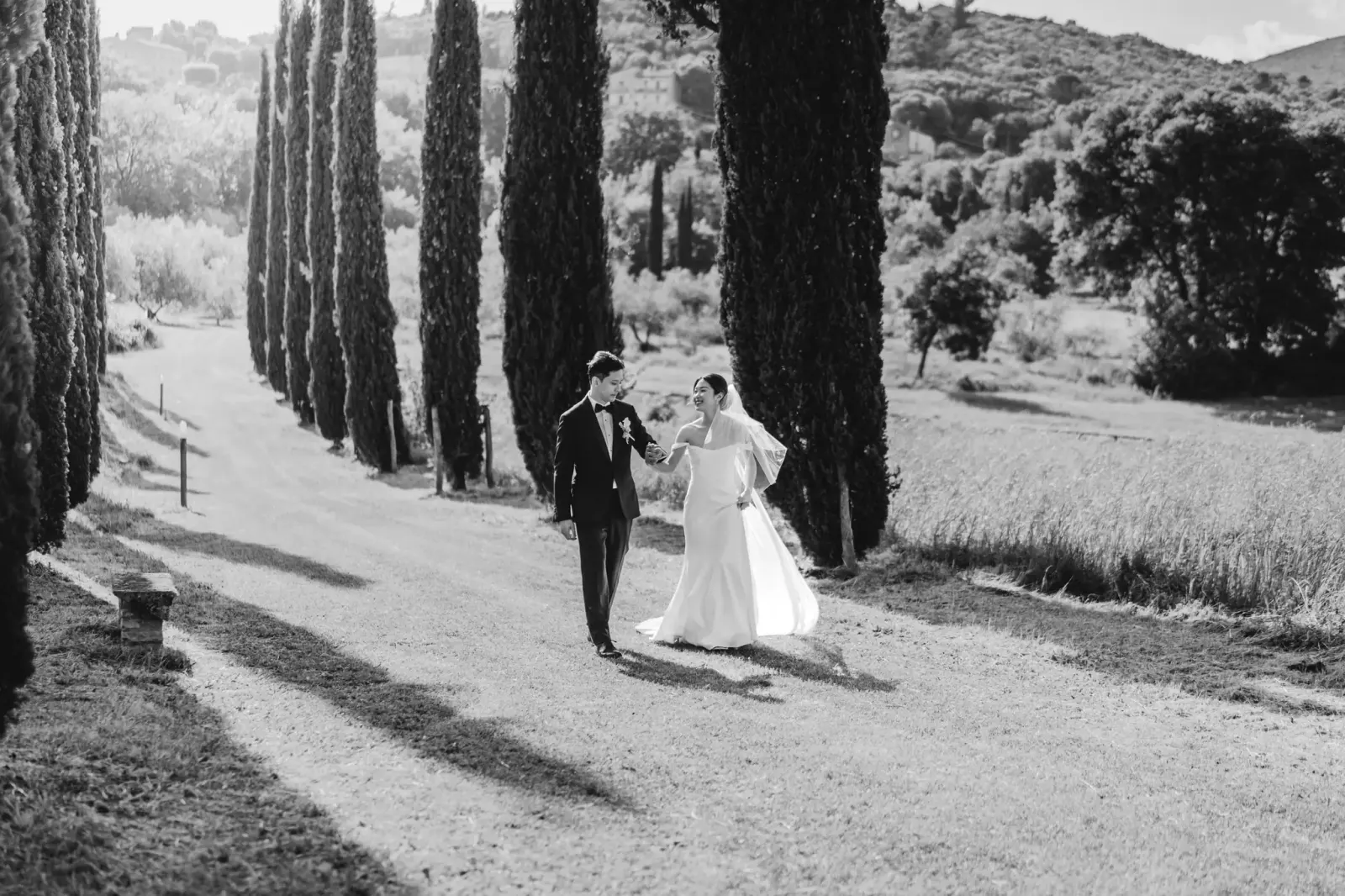 The couple walking in the cypress avenue at Tenuta del Gallo, in black and white