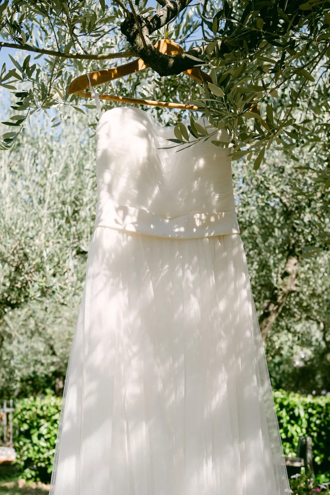 L'abito da sposa appeso a un ulivo nel giardino dell'Abbazia San Pietro in Valle