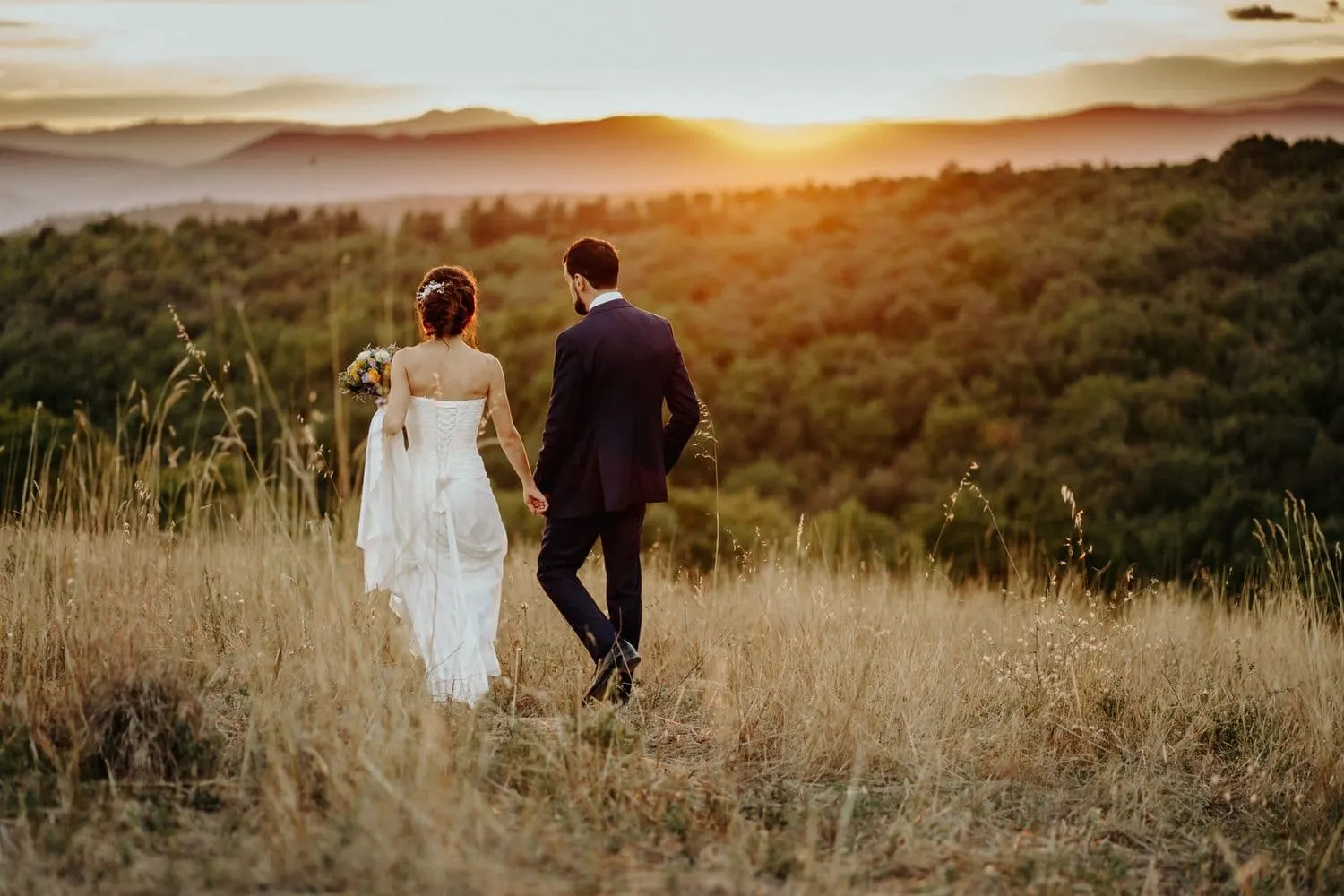 The couple seen from behind, walking through tall grass towards the valley at sunset